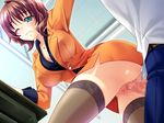  1boy 1girl akagi_rio aqua_eyes bent_over blush breasts brown_hair censored cleavage clenched_teeth clothed_sex dutch_angle green_eyes jewelry large_breasts mbs_truth necklace no_panties oh!_stealth_shinshi pussy_juice sex shijou_mizuki short_hair skirt teacher teeth thighhighs vaginal wink 