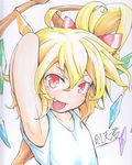  armpits arms_behind_head arms_up artist_name ballpoint_pen_(medium) blonde_hair bow fang flandre_scarlet flat_chest graphite_(medium) hair_bow hair_ribbon looking_at_viewer marker_(medium) open_mouth red_eyes ribbon short_hair side_ponytail sokutenkun solo touhou traditional_media wings 