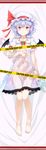  aa-rance adapted_costume bad_id bad_pixiv_id bat_wings bed_sheet blue_hair blush breasts brooch caution_tape censored dakimakura full_body groin hat hat_ribbon highres jewelry lace lying mob_cap nightgown no_bra no_panties on_back red_eyes remilia_scarlet ribbon see-through short_hair slit_pupils small_breasts smile solo touhou wings 
