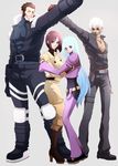  2girls belt brown_hair choker_(pixiv) eyelashes glasses grin happy high_heels highres jacket k' kula_diamond leather long_hair looking_at_viewer maxima multiple_boys multiple_girls one_eye_closed short_hair smile standing the_king_of_fighters whip_(kof) 