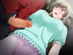  1boy 1girl atelier_g/h blush breasts game_cg hissatsu_bokkijin_shigoku_no_kairaku_chikan large_breasts milf multiple_boys nagoshi_miyako penis penis_awe surprised train train_interior white_skirt 