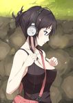  1girl bag bare_shoulders black_hair blue_eyes breasts cherry_blossoms cleavage closed_mouth collarbone female headphones md5_mismatch medium_hair original outdoors resized solo strap_cleavage yukiguni_yuu 