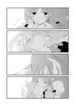  4koma blush_stickers braid comic greyscale hand_on_another's_head highres hong_meiling izayoi_sakuya kiss light_smile long_hair looking_at_another lying monochrome multiple_girls on_back parted_lips primary_stage puffy_short_sleeves puffy_sleeves short_hair short_sleeves silent_comic touhou twin_braids yuri 