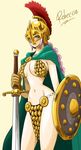  1girl armor bikini_armor breasts brown_eyes cape chainmail cleavage dressrosa female gladiator gloves helmet large_breasts one_piece pink_hair rebecca_(one_piece) shield solo sword warrior weapon 
