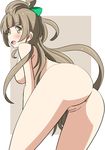  1girl anus ass breasts brown_hair female from_behind hair_ornament hair_ribbon highres long_hair looking_back love_live!_school_idol_project medium_breasts minami_kotori naruse_mai nude open_mouth pussy ribbon simple_background solo uncensored yellow_eyes 