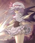  ascot bat_wings bloomers bodice cloud cloudy_sky from_behind hat hat_ribbon lavender_hair light_smile looking_at_viewer looking_back puffy_short_sleeves puffy_sleeves red_eyes remilia_scarlet ribbon short_hair short_sleeves skirt skirt_set sky solo spear_the_gungnir touhou underwear wind wind_lift wings wrist_cuffs yutamitan 