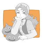  bored chin_rest dragon_quest dragon_quest_vii frown hat long_hair maribel_(dq7) monochrome nabana_(bnnbnn) orange_background simple_background slime_(dragon_quest) spot_color 