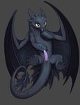  claws dragon erection feral forked_tongue genital_slit hindpaw how_to_train_your_dragon lying male night_fury on_back paws penis plain_background plantigrade precum scalie slit soles solo the_secret_cave tongue toothless wings 