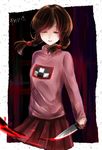  blood braid brown_hair checkered checkered_skirt closed_eyes hair_bobbles hair_ornament highres knife long_hair madotsuki mutou_(ps-101523) no_legs pink_shirt shirt skirt solo twin_braids twintails yume_nikki 