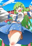  absurdres armpits breasts cloud day detached_sleeves from_below gohei green_eyes green_hair highres kochiya_sanae large_breasts loafers long_hair looking_at_viewer midriff navel open_mouth outdoors outstretched_arms shoes sky solo spread_arms standing standing_on_one_leg thighs torii touhou upskirt zk_(zk_gundan) 