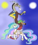  antler antlers cutie_mark day discord_(mlp) draconequus duo equine eyes_closed fangs female friendship_is_magic glass gold hair holding horn ichibangravity laugh male mammal moon multi-colored_hair my_little_pony necklace night stars sun tickling wine_glass winged_unicorn wings 