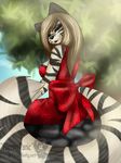  anthro clothed clothing female hair long_hair looking_at_viewer looking_back outside popcornpanic siberian_tiger sitting sky solo 