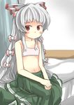  bed blush bow fujiwara_no_mokou gaoo_(frpjx283) hair_bow highres long_hair navel red_eyes sitting solo sports_bra stomach touhou very_long_hair white_hair 