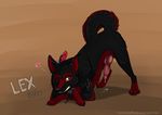  ass_up balls bent_over black_fur black_nose brown_background canine claws clenched_teeth decoration digitigrade dripping feathers feral fur knot looking_at_viewer male mammal original_character paws penis plain_background precum red_fur rukifox scar shackles teeth wolf yellow_eyes 