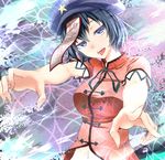  blue_eyes blue_hair hat looking_at_viewer miyako_yoshika morochin_(mo_loss_an) navel ofuda open_mouth outstretched_arms sharp_teeth short_hair solo teeth tongue tongue_out touhou zombie_pose 