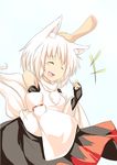  1girl animal_ears bare_shoulders blush breasts closed_eyes detached_sleeves fang fingerless_gloves gloves inubashiri_momiji kokutei_n open_mouth petting pom_pom_(clothes) short_hair silver_hair small_breasts solo tail touhou wolf_ears wolf_tail 