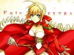  ahoge blonde_hair breasts cleavage copyright_name dress epaulettes fate/extra fate_(series) green_eyes hair_ribbon medium_breasts nero_claudius_(fate) nero_claudius_(fate)_(all) ribbon smile solo tarao_(13raven) 