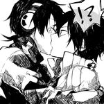  2boys black_hair dark_konoha greyscale headphones kagerou_project kisaragi_shintarou kiss konoha_(kagerou_project) long_hair male_focus monochrome multiple_boys rubill short_ponytail sketch yaoi 