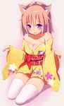  animal_ears bare_shoulders breasts cat_ears cleavage cupen highres japanese_clothes kimono long_hair medium_breasts original pink_hair purple_eyes solo thighhighs 