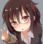  :o blue_background brown_eyes brown_hair cupen fingers glasses hair_ornament hair_ribbon looking_at_viewer original ribbon short_hair simple_background solo 