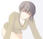  amagami black_eyes blush breasts brown_hair cleavage gradient gradient_background large_breasts looking_at_viewer naked_sweater no_pants ponytail sasaki_akira_(ugc) sketch solo sweater tsukahara_hibiki 