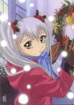  90s bangs bell brown_gloves bush christmas christmas_wreath closed_mouth coat from_side gloves grey_hair hair_ornament highres holly_hair_ornament hood hood_down hooded_coat hoshino_ruri kidou_senkan_nadesico lavender_scarf long_hair long_sleeves looking_at_viewer looking_to_the_side matsuda_tsuyoshi official_art outdoors pom_pom_(clothes) scan scarf smile snowing solo standing third-party_source twintails upper_body winter winter_clothes winter_coat yellow_eyes 