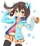  :o black_legwear brown_hair casual cupen doughnut food green_eyes hair_ribbon hood hood_down hoodie original ribbon short_hair skirt solo thighhighs twintails zettai_ryouiki 