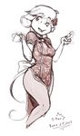  blush bow breasts butt chinese_dress female gesticulating katie_(t-kay) legwear mammal monochrome mouse mouse_tail one_eye_closed rodent sketch small_breasts smile solo t-kay thighs tights wide_hips 