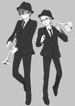  formal fukube_satoshi greyscale hat hyouka instrument monochrome multiple_boys necktie oreki_houtarou rito453 short_hair suit trombone trumpet 