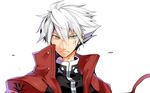  blazblue earrings heterochromia jacket jewelry ragna_the_bloodedge red_jacket silver_hair uzukinoko 