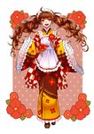  ahoge apron brown_hair corset flower highres japanese_clothes kimono long_hair open_mouth smile solo twintails wide_sleeves yukico-tan yukijirushi yumemeko 