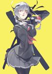  braid danganronpa glasses grey_hair hair_over_shoulder haruba_negi highres katana long_hair open_mouth pantyhose pekoyama_peko pleated_skirt red_eyes sailor_collar school_uniform serafuku skirt solo super_danganronpa_2 sword twin_braids weapon weapon_bag 