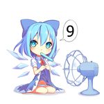  1girl aoi_tsunami blue_eyes blue_hair blush bow cirno dress dress_lift electric_fan fanning_crotch food hair_bow highres looking_at_viewer mouth_hold panties popsicle short_hair simple_background sitting solo speech_bubble touhou underwear wariza white_background white_panties wings 