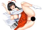  1girl antennae areolae bare_shoulders black_hair blush breasts brown_eyes censored female gen_(genetrix) hanging_breasts huge_breasts japanese_clothes leg_lift long_skirt miko miko-chan_(gen_(genetrix)) nipples no_bra no_panties no_underwear open_mouth orgasm original puffy_nipples simple_background skirt skirt_around_belly skirt_lift socks solo spread_legs white_background white_legwear white_socks wink 