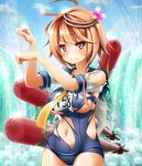  bad_id bad_pixiv_id brown_hair highres i-58_(kantai_collection) kantai_collection ki_(kk-sk-ray) one-piece_swimsuit red_eyes school_swimsuit school_uniform serafuku short_hair solo soraneko_(192355) swimsuit torn_clothes torn_swimsuit torpedo 