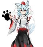  animal_ears bare_shoulders blush breasts bridal_gauntlets detached_sleeves fingerless_gloves gloves hat inubashiri_momiji large_breasts looking_at_viewer pom_pom_(clothes) red_eyes ribbon rihito_(usazukin) short_hair silver_hair simple_background smile solo tail tokin_hat touhou white_background wide_sleeves wolf_ears wolf_tail 