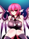  alternate_breast_size animal_ears bare_shoulders bird_wings blush breasts hand_on_own_chest highres large_breasts looking_at_viewer mystia_lorelei no_hat no_headwear older parmiria pink_eyes pink_hair shirt sitting sleeveless sleeveless_shirt smile solo touhou wings 
