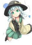  :o absurdres bow green_eyes green_hair hat hat_bow heart highres komeiji_koishi long_sleeves lv21 open_mouth short_hair solo third_eye touhou wide_sleeves 