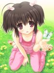  ahoge aoi_akua blush brown_hair bug butterfly collarbone flower full_body grass insect overalls red_eyes sandals short_hair sitting smile solo to_heart_2 twintails wariza yuzuhara_konomi 