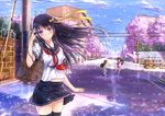  2girls backpack bag bangs black_hair black_legwear blue_eyes blush building cherry_blossoms child city cloud cloudy_sky cowboy_shot day hair_ribbon highres kazeno long_hair looking_at_viewer multiple_girls navel original outdoors petals pink_skirt pleated_skirt puddle railroad_crossing railroad_tracks ribbon road scenery school_bag school_uniform serafuku shadow short_sleeves skirt sky solo_focus spring_(season) standing standing_on_one_leg street telephone_pole thighhighs tree umbrella wall wind zettai_ryouiki 