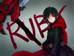  bad_id bad_pixiv_id bandolier black_hair cape character_name cloak corset cross dress english gradient_hair grey_eyes hood hooded_cloak looking_at_viewer multicolored_hair red_cape red_hair ruby_rose rwby scythe short_hair solo symbol two-tone_hair weapon weasel_(close-to-the-edge) 