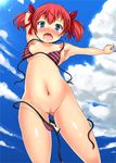  arms_up bikini blue_eyes blush breasts cloud day hair_ribbon highres navel nipples nude open_mouth original pussy red_hair ribbon short_hair sky small_breasts solo striped striped_bikini sukesan swimsuit uncensored wardrobe_malfunction 