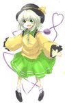  :d bad_id bad_pixiv_id full_body green_eyes green_skirt hat hat_ribbon heart heart_of_string komeiji_koishi long_sleeves open_mouth outstretched_arms pigeon-toed ribbon shoes simple_background skirt smile socks solo third_eye touhou wide_sleeves yuichiitan 