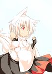  animal_ears bare_shoulders blush breasts detached_sleeves fingerless_gloves gloves inubashiri_momiji kokutei_n looking_at_viewer one_eye_closed pom_pom_(clothes) red_eyes short_hair silver_hair small_breasts solo tail touhou wolf_ears wolf_tail 