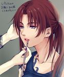  applying_makeup black_lagoon brown_eyes brown_hair lipstick lirico long_hair lowres makeup ponytail revy_(black_lagoon) solo 