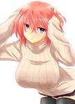  adjusting_hair black_legwear blue_eyes blush breasts clothes_pull commentary_request expressionless large_breasts looking_at_viewer original ribbed_sweater setana short_hair solo sweater sweater_pull thighhighs turtleneck watarui white_background 