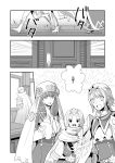  3girls brother_and_sister cape comic commentary_request crown door dress fire_emblem fire_emblem_heroes fjorm_(fire_emblem_heroes) from_behind fur_trim greyscale gunnthra_(fire_emblem) hat hrid_(fire_emblem_heroes) long_hair long_sleeves monochrome multiple_girls open_mouth ouzisamafe short_hair siblings sisters tiara veil ylgr_(fire_emblem_heroes) 