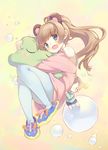  animal_ears aqua_legwear bare_shoulders bear_ears blue_eyes blush brown_hair doll fang long_hair looking_at_viewer open_mouth original pantyhose ponytail slippers smile solo stuffed_toy white_legwear yamcha_(cocololi) 