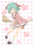  animal_ears bamboo_broom blush broom fang green_eyes green_hair highres kasodani_kyouko miniskirt one_eye_closed open_mouth shino_megumi short_hair skirt smile solo tail touhou 