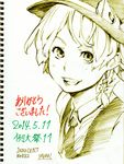  :d alternate_costume alternate_hair_length alternate_hairstyle artist_name bow braid contemporary dated grin hair_bow hat kirisame_marisa looking_at_viewer monochrome necktie open_mouth savan short_hair sketch smile solo thank_you touhou traditional_media 